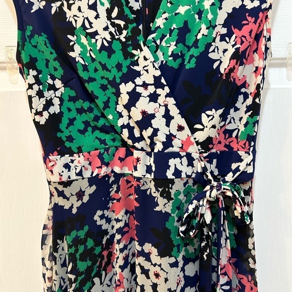 Just Taylor Faux Wrap Maxi Dress Navy Floral Sleeveless Sheer Overlay Lined Sz 2 - Picture 7 of 11